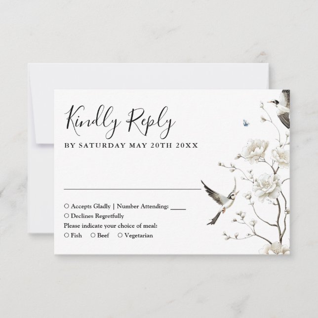 Elegant Chinoiserie Floral Garden Wedding  RSVP Card (Front)