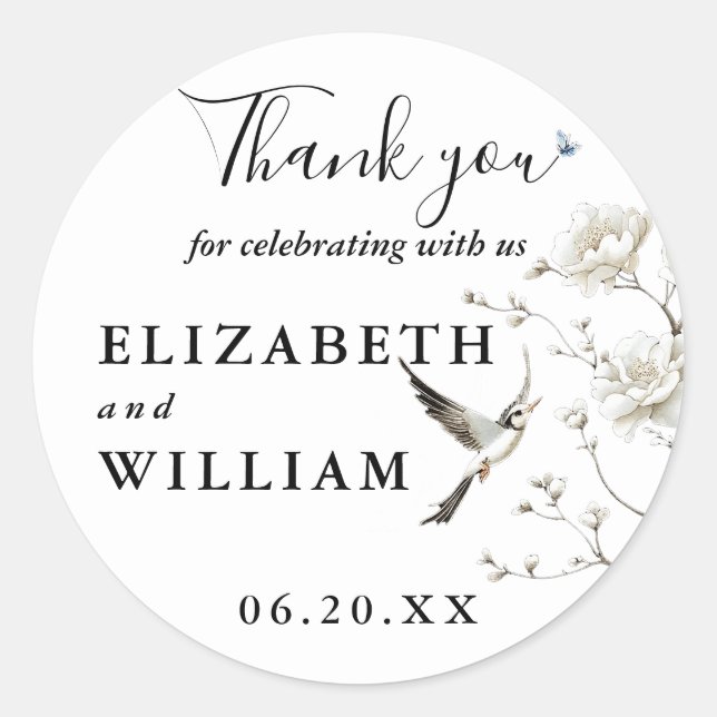 Elegant Chinoiserie Floral Wedding Thank You Classic Round Sticker (Front)