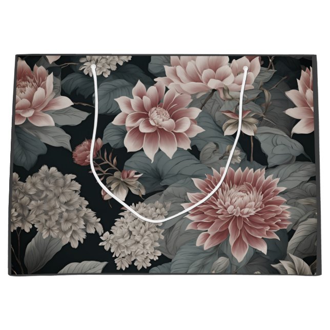 Elegant Chinoiserie Florals Grey Raspberry Large Gift Bag (Front)