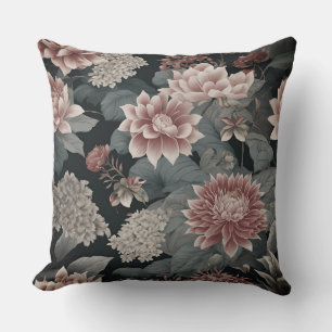 Elegant Chinoiserie Grey and Raspberry Florals  Cushion