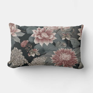 Elegant Chinoiserie Greys Raspberry Florals Lumbar Cushion