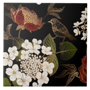Elegant Chinoiserie Inspired Floral Blooms Ceramic Tile