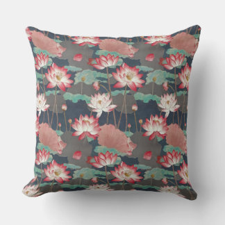 Elegant Chinoiserie Lotus Floral Red and Brown Cushion