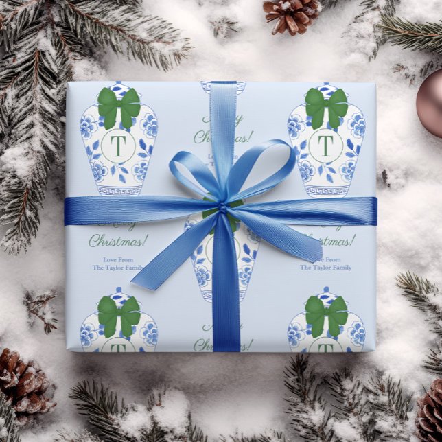 Elegant Chinoiserie Monogram Merry Christmas Wrapping Paper (Preppy holidays gift wrap design featuring a blue & white ginger jar with green bow and monogram)