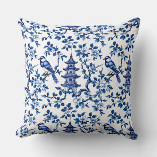 Elegant Chinoiserie Pagoda and Birds Cushion