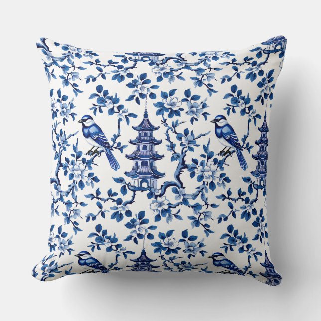 Elegant Chinoiserie Pagoda and Birds Cushion (Front)