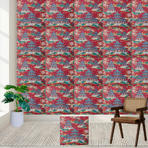 Elegant Chinoiserie Pagoda and Floral Pattern Tile