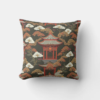 Elegant Chinoiserie Pagoda Black Red Cushion