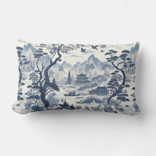 Elegant Chinoiserie Pagoda Blue & White Scenic Lumbar Cushion