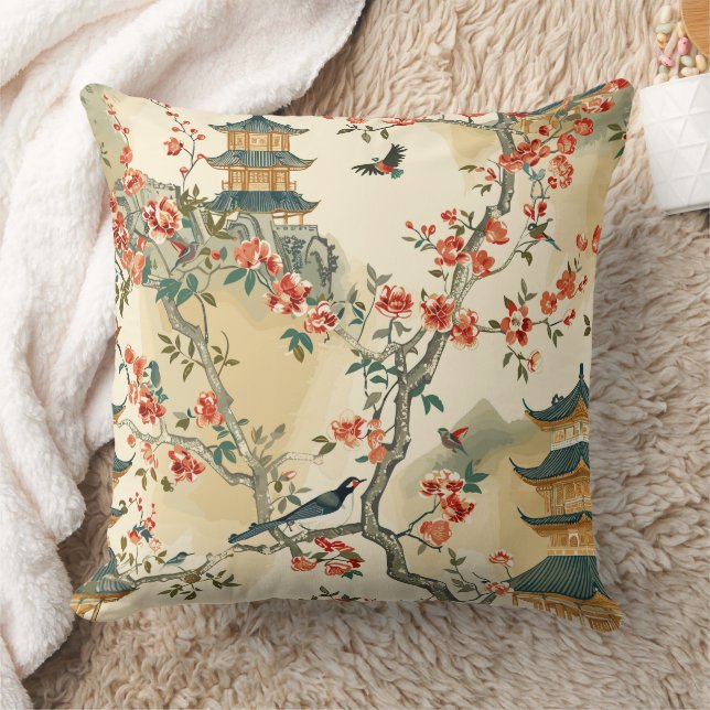 Elegant Chinoiserie - Pagodas, Blossoms, and Birds Cushion (Blanket)