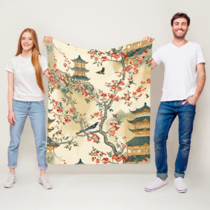 Elegant Chinoiserie - Pagodas, Blossoms, and Birds Fleece Blanket