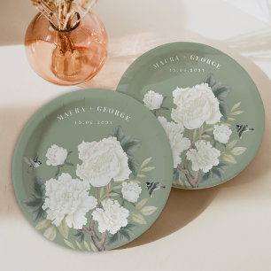 Elegant Chinoiserie Sage Green Floral Bird Wedding Paper Plate