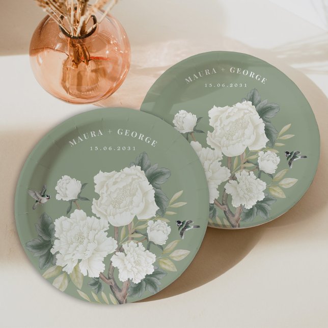 Elegant Chinoiserie Sage Green Floral Bird Wedding Paper Plate (Creator Uploaded)