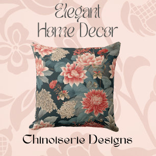 Elegant Chinoiserie Teal Peach Florals  Cushion