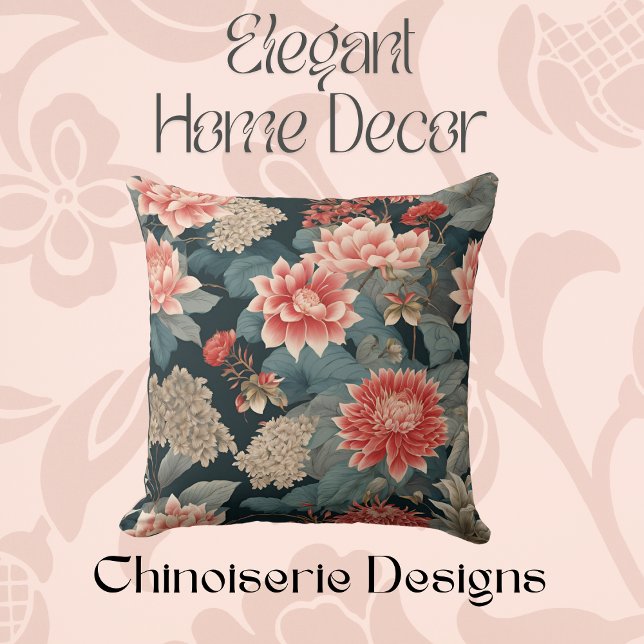 Elegant Chinoiserie Teal Peach Florals  Cushion (Creator Uploaded)