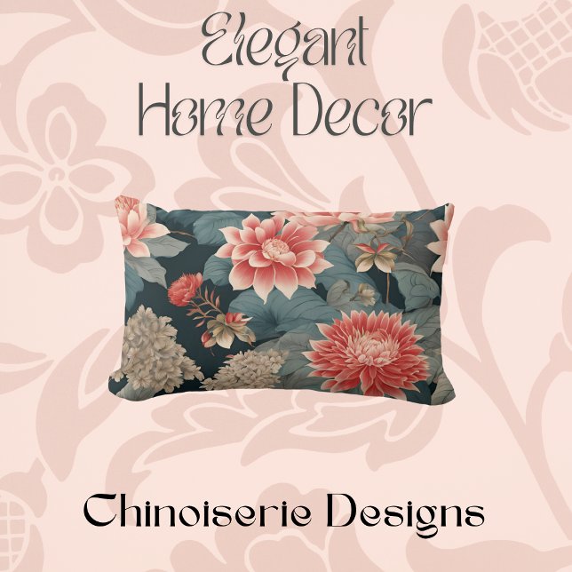 Elegant Chinoiserie Teal Peach Florals  Lumbar Cushion (Creator Uploaded)