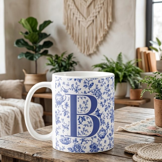 Elegant Chinoiserie Toile Mum Bride Custom Initial Coffee Mug (Vintage chinoiserie toile monogram wedding | bachelorette party | mother’s day initial name mug)