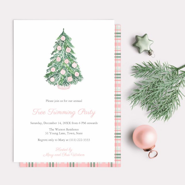 Elegant Chinoiserie Tree Trimming Christmas Party Invitation (Pretty pink chinoiserie Christmas Holidays Tree Trimming Party invitation.)