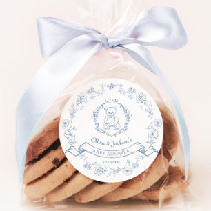 Elegant Chinoiserie wreath teddy bear Baby shower Classic Round Sticker