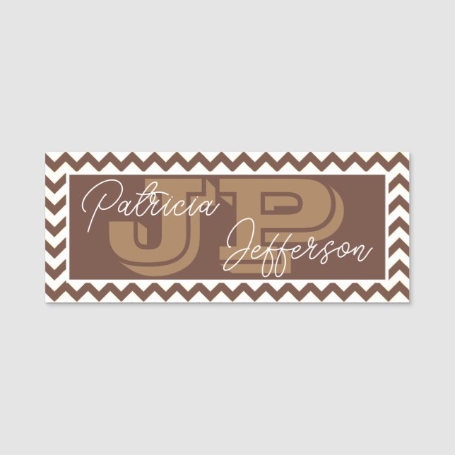 Elegant Chocolate Brown Chevron Unique Monogrammed Name Tag (Front)