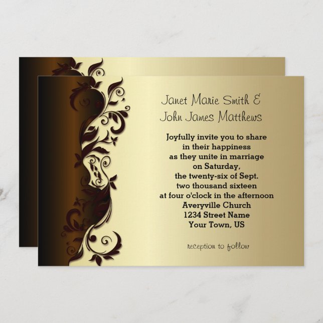 Elegant Chocolate Brown & Gold Floral Wedding Invitation (Front/Back)
