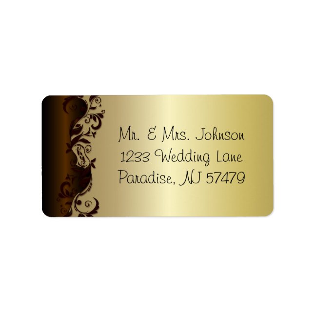 Elegant Chocolate Brown & Gold Floral Wedding Label (Front)