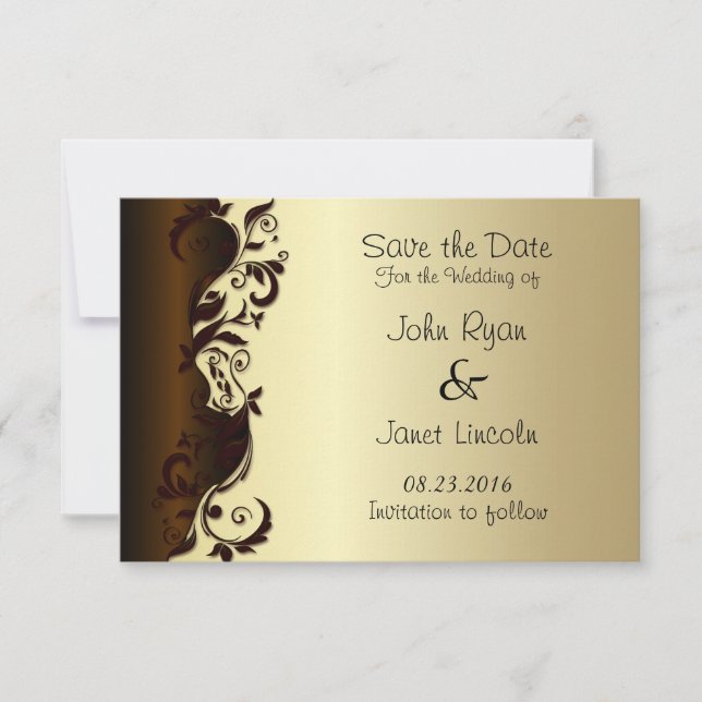 Elegant Chocolate Brown & Gold Floral Wedding Save The Date (Front)