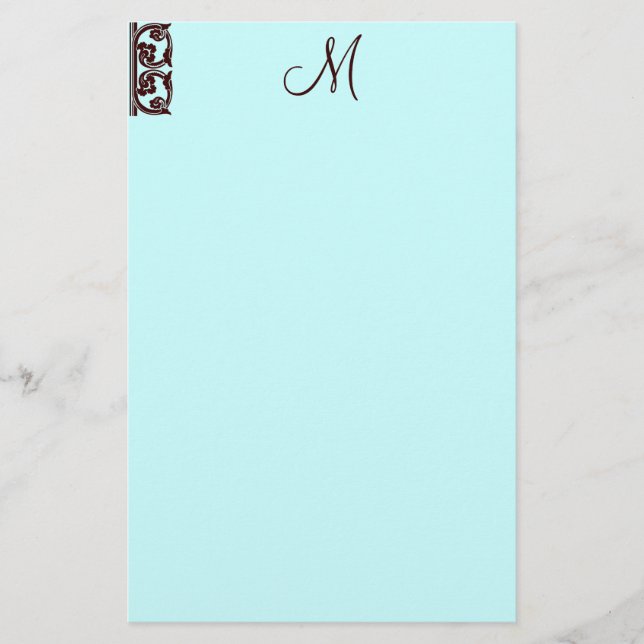 Elegant Chocolate Brown Monogram Teal Stationery (Front)