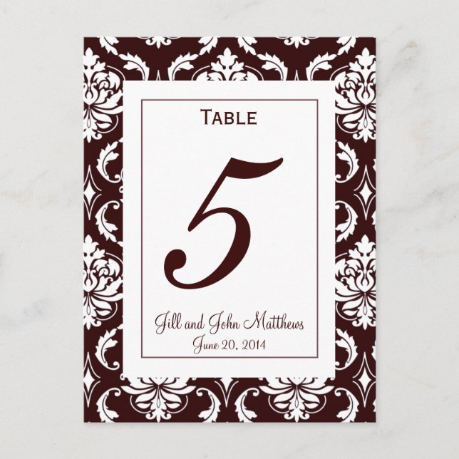 Elegant Chocolate Damask Wedding Table Number Card (Front)