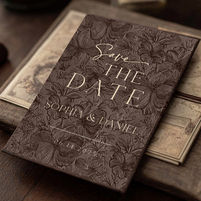 Elegant Chocolate Mocha Wedding Save The Date (Announce your special day with this elegant chocolate mocha embossed floral Save the Date card. Desi)