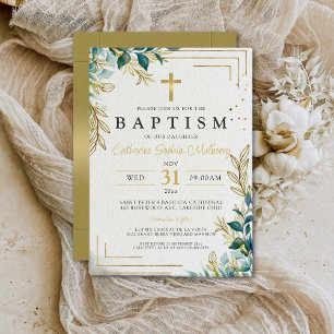Elegant Christening Gold & Greenery Baptism Invitation