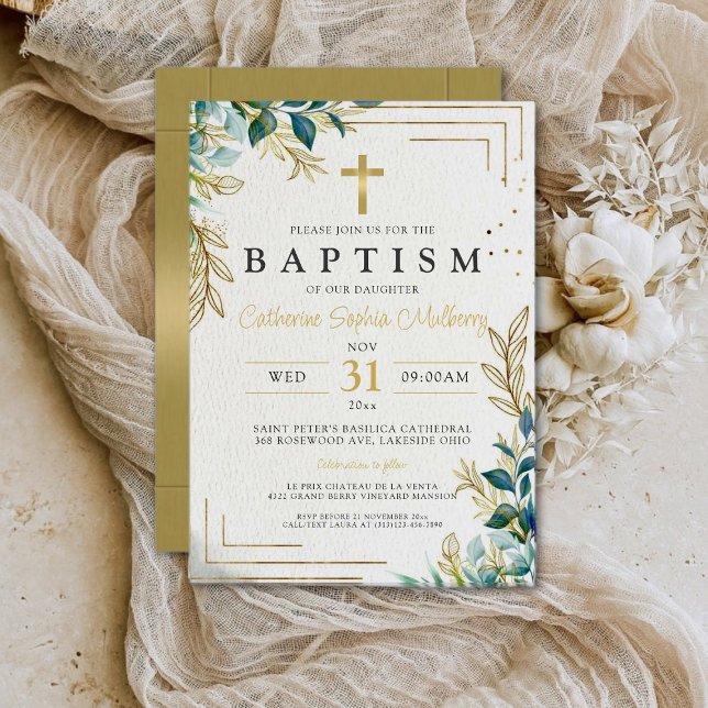 Elegant Christening Gold & Greenery Baptism  Invitation (Creator Uploaded)