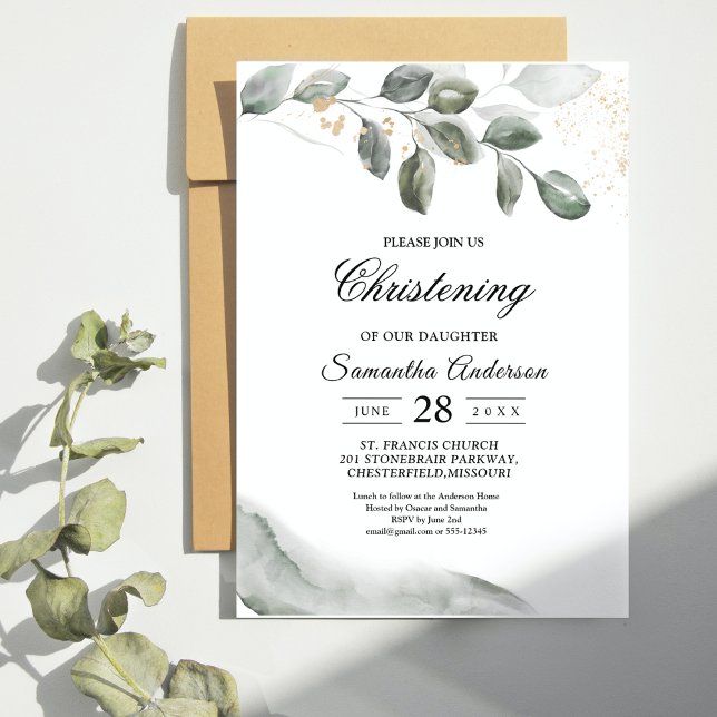 Elegant Christening Invitation | Greenery & Gold  (Creator Uploaded)