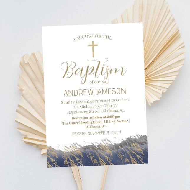 Elegant Christian Blue Gold Cross | Baptism Invitation (Creator Uploaded)