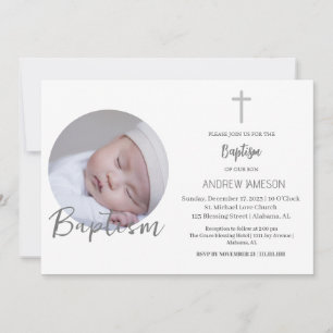 Elegant Christian Blue Round Photo    Baptism Invitation