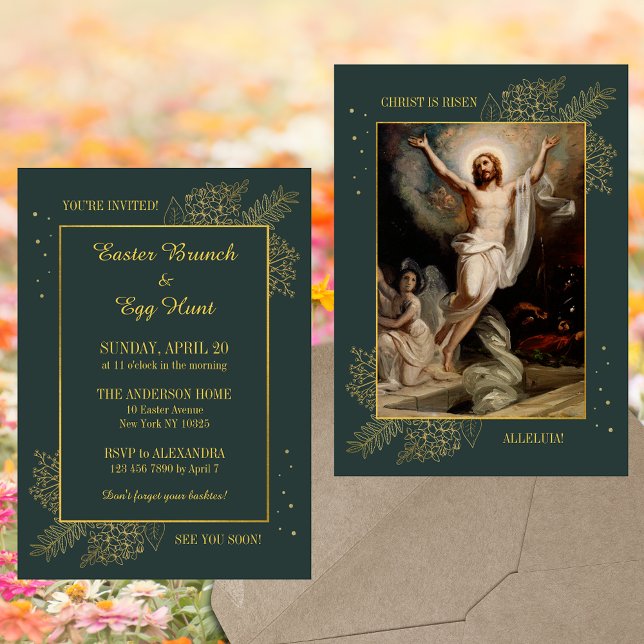 Elegant Christian Catholic Easter Brunch Egg Hunt Invitation (Elegant Religious Christian Catholic Resurrection Christ is risen Easter Brunch Egg Hunt Invitation)