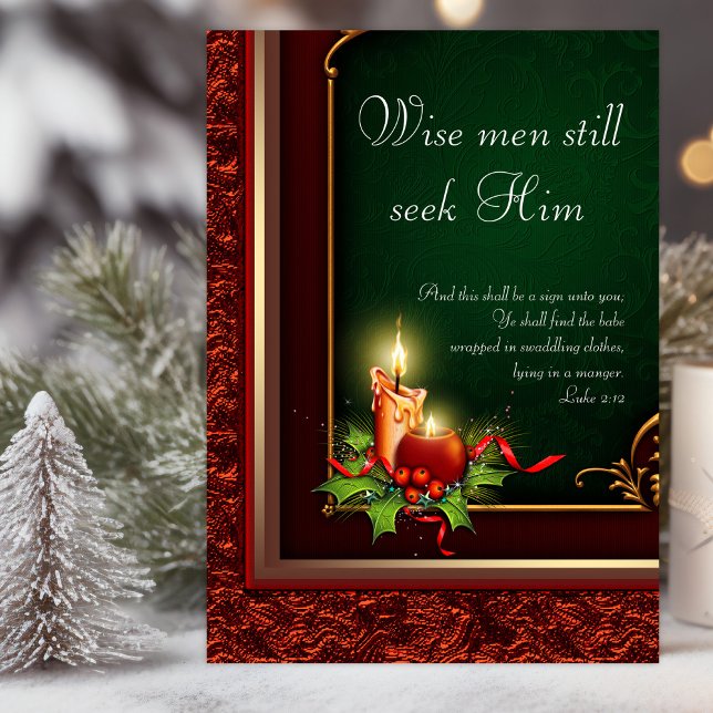 Elegant Christian Christmas Cards (Christian Christmas card with candles and holly on a beautiful red, green and gold background.)
