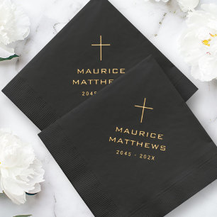 Elegant Christian cross name date black funeral Foil Napkins