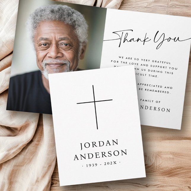 Elegant Christian cross name date funeral photo Thank You Card (Elegant Christian cross name date funeral photo Thank You Card)