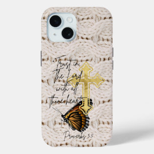 Elegant Christian Knitwear Brown Butterfly Cross iPhone 15 Case