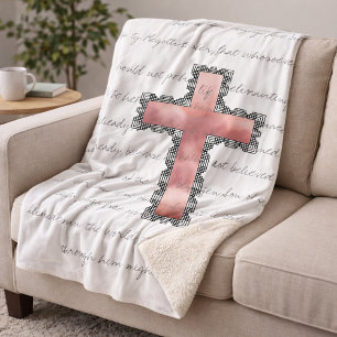 Elegant Christian Pink Cross Scripture Verse Sherpa Blanket