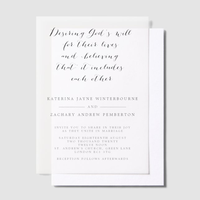 Elegant Christian Script Black & White Wedding Vellum Invitations (Offset)