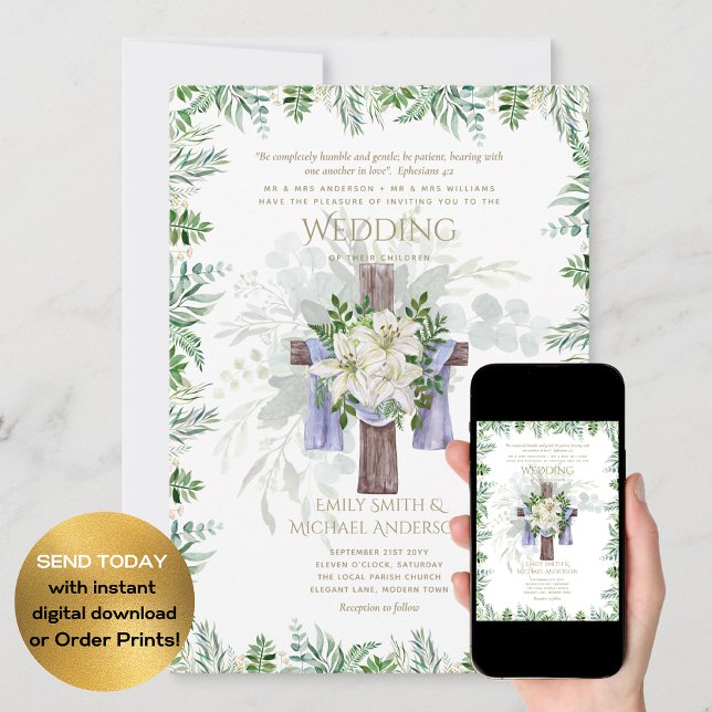 Elegant Christian White Lily Rustic Cross Wedding Invitation (Creator Uploaded)