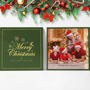 Elegant Christmas 1 Photo Green and Gold Script   Card