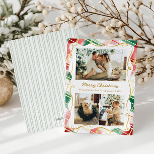 Elegant Christmas 3 Photo Red Green Plaid Pattern Holiday Card