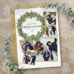 Elegant Christmas 5 Photo Collage Greenery Wreath Holiday Card<br><div class="desc">Spread the joy of Christmas with this elegant modern holiday card. Personalise the front with your 5 special photos,  holiday message family name and year. The reverse features pretty falling snowflakes on a gold background that you can customise to your favourite holiday colour. Designed by Thisisnotme©</div>