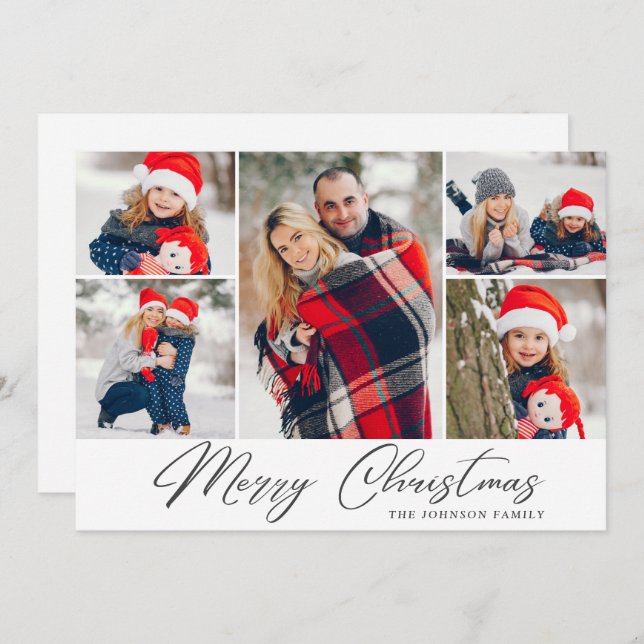 Elegant Christmas 5 Photo Collage Modern Greeting Holiday Card (Front/Back)