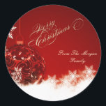 Elegant  Christmas Ball, Snowflakes Classic Round Sticker<br><div class="desc">Elegant christmas ball and snowflakes  on red background.</div>