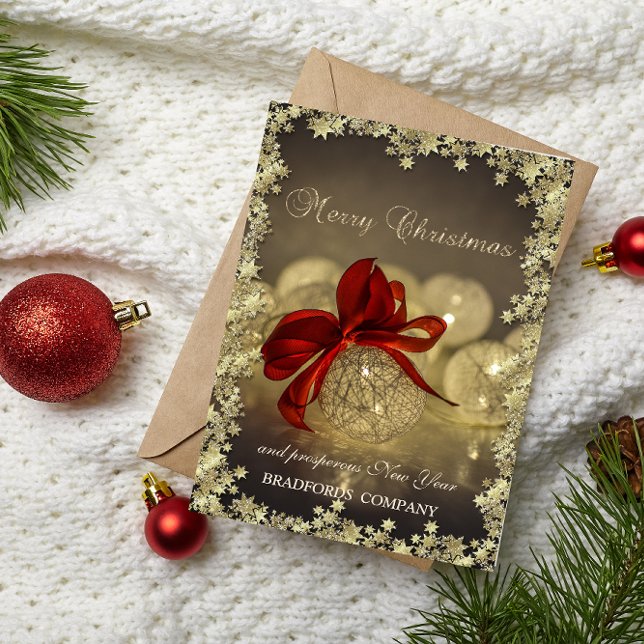 Elegant Christmas Balls Red Bow Stars Company Holiday Card (Creator Uploaded)