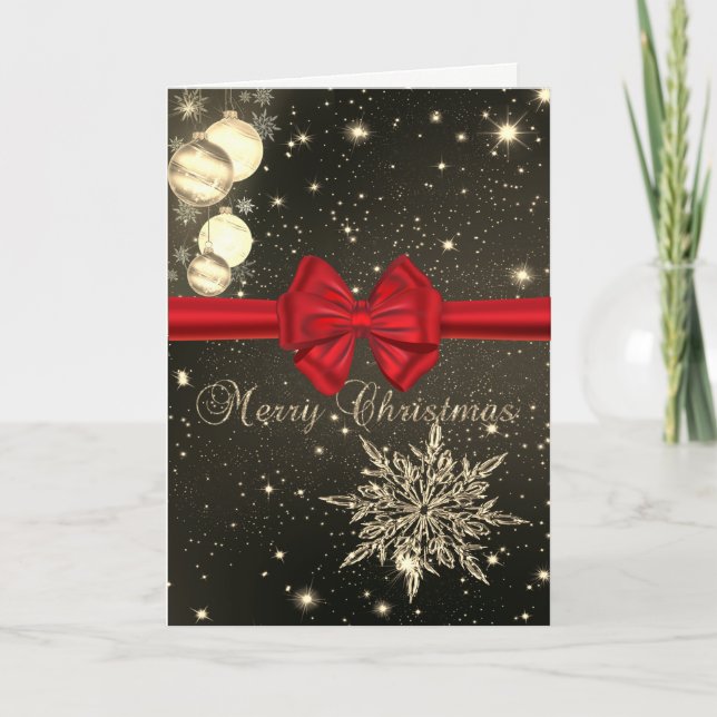 Elegant ,Christmas Balls,Snowflake,Red Bow,Sparkle Holiday Card (Front)